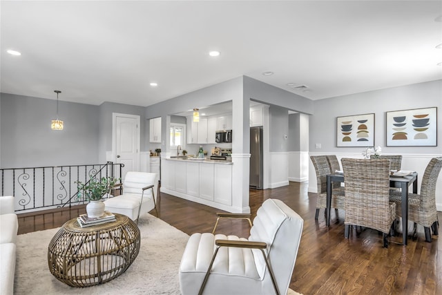 living room with dark hardwood / wood-style floors and sink