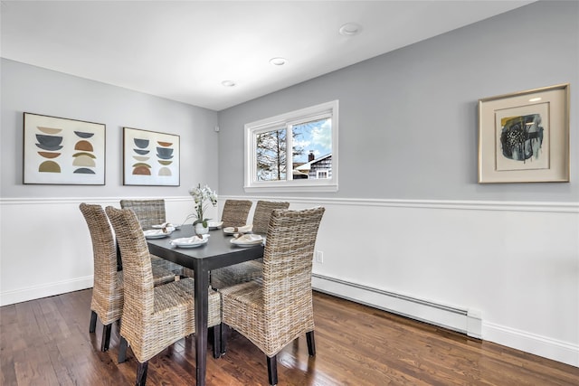 dining area featuring a baseboard radiator and dark hardwood / wood-style floors