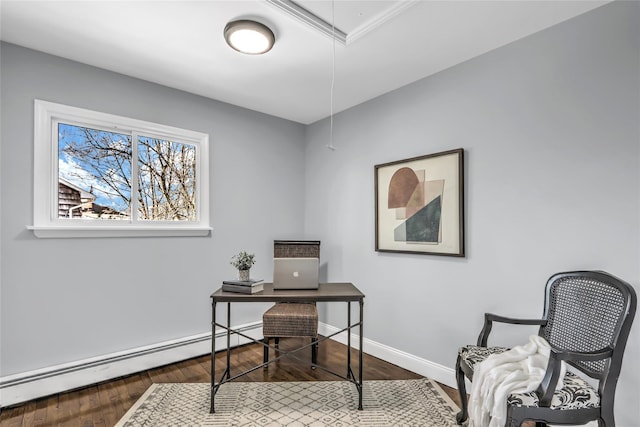 office area featuring hardwood / wood-style flooring and a baseboard heating unit