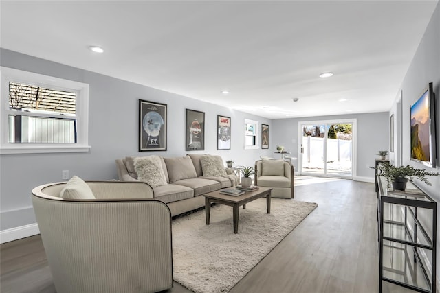 living room with dark hardwood / wood-style flooring