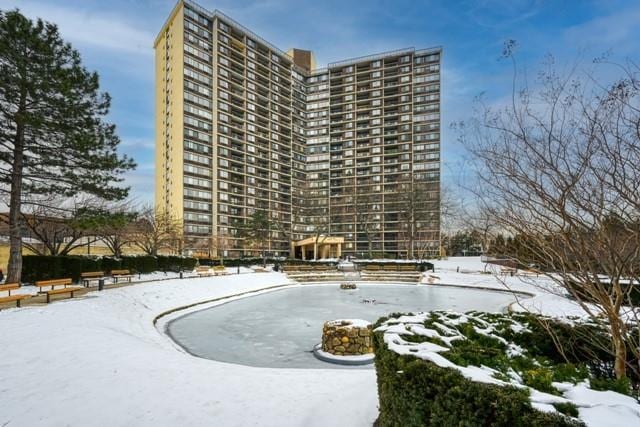 view of snow covered building