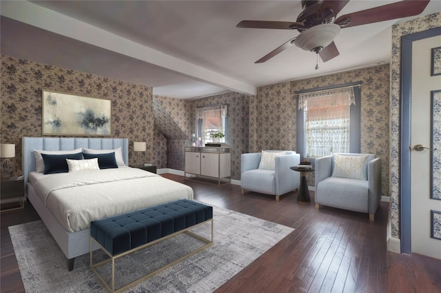 bedroom featuring beam ceiling, ceiling fan, and dark hardwood / wood-style flooring