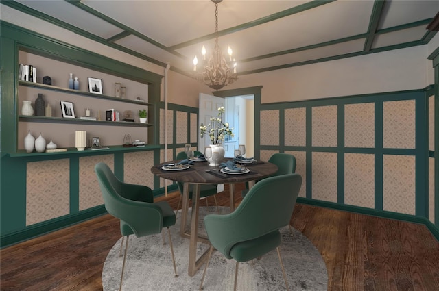 dining room with an inviting chandelier, hardwood / wood-style floors, and built in features