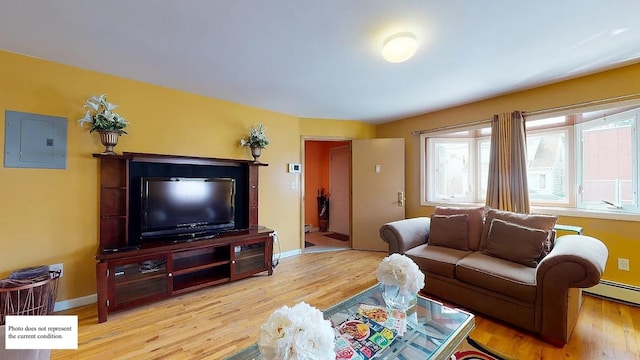 living area featuring electric panel, baseboard heating, baseboards, and wood finished floors