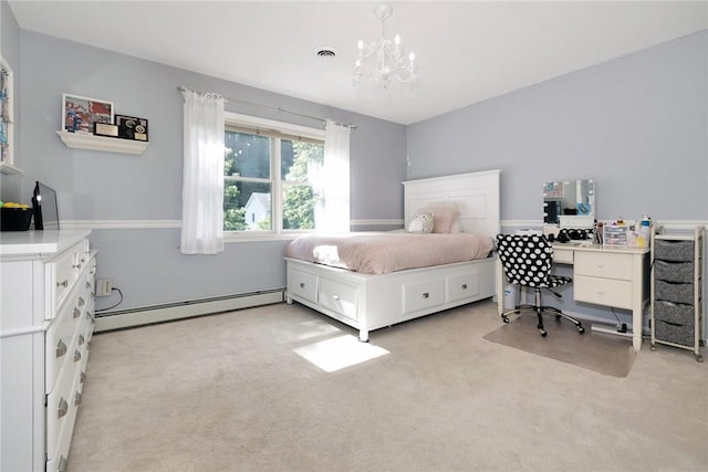 bedroom with an inviting chandelier, visible vents, a baseboard heating unit, and light colored carpet