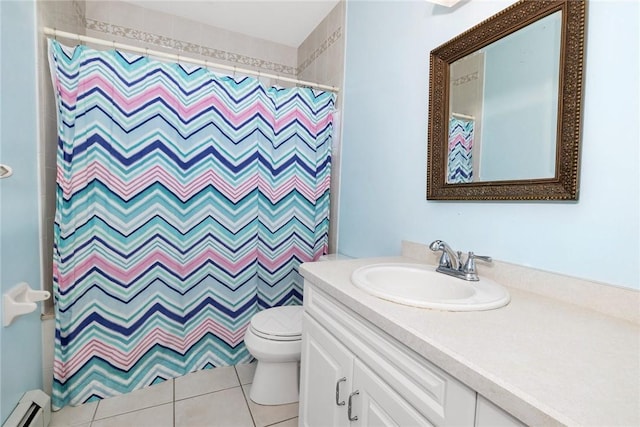 full bath with toilet, tile patterned floors, curtained shower, baseboard heating, and vanity