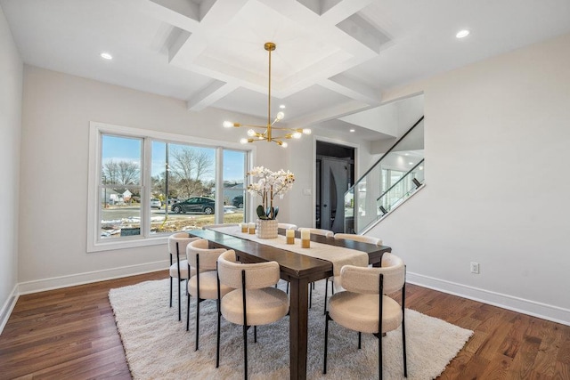 dining room featuring dark hardwood / wood-style flooring, coffered ceiling, a chandelier, and beam ceiling