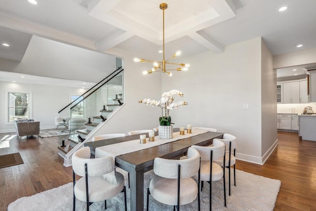 dining area with an inviting chandelier, dark wood-type flooring, coffered ceiling, and beamed ceiling