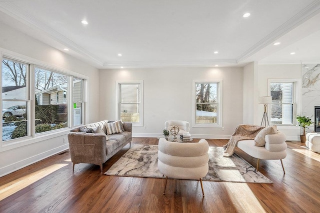 living room featuring wood-type flooring, a wealth of natural light, a fireplace, and crown molding