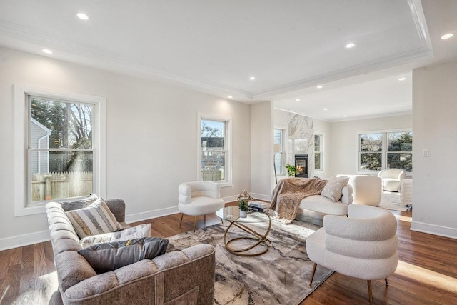 living room with hardwood / wood-style floors, crown molding, and a fireplace