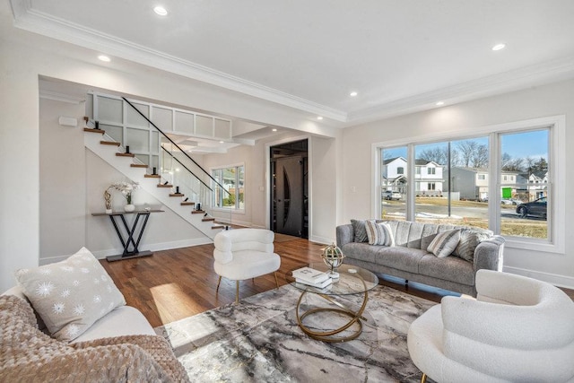 living room with crown molding, a healthy amount of sunlight, and dark hardwood / wood-style floors