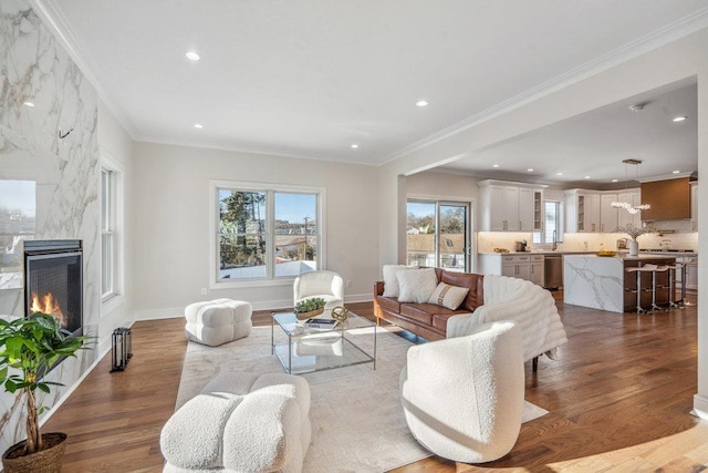 living room featuring hardwood / wood-style floors, a high end fireplace, and ornamental molding