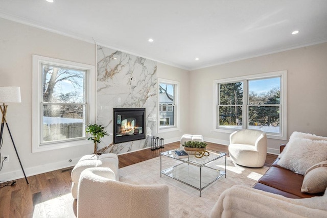 living room with wood-type flooring, ornamental molding, and a premium fireplace