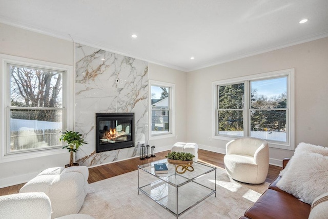 living room featuring hardwood / wood-style flooring, ornamental molding, and a premium fireplace