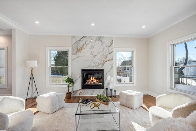 living room with ornamental molding, a premium fireplace, and light wood-type flooring