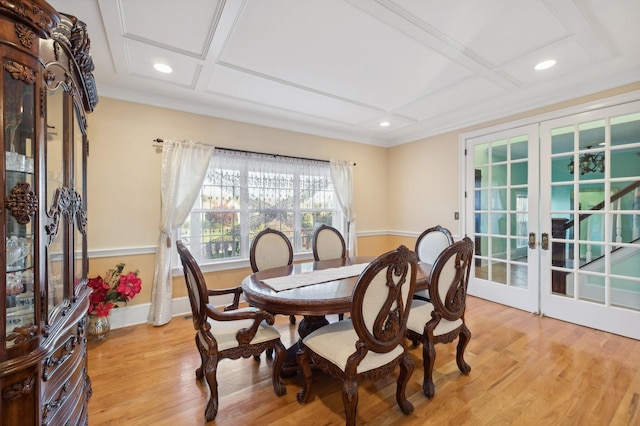 dining room with french doors, recessed lighting, light wood-style floors, coffered ceiling, and baseboards