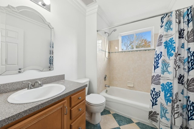 full bathroom with shower / tub combo, visible vents, toilet, ornamental molding, and vanity