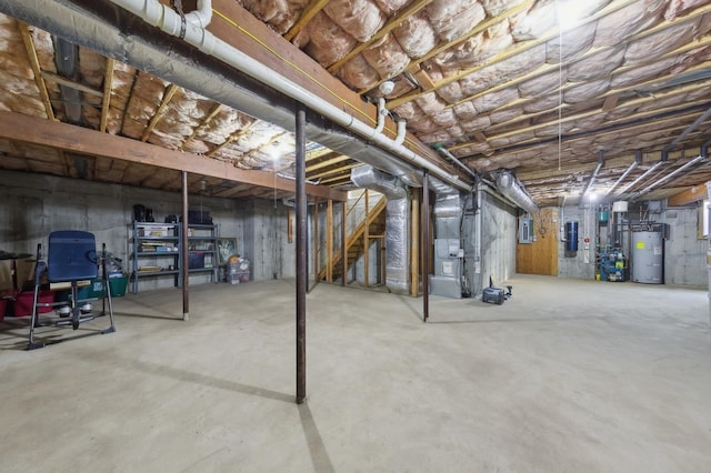 unfinished basement featuring stairs, water heater, and a heating unit