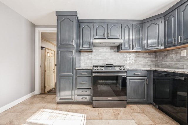 kitchen featuring backsplash, light tile patterned flooring, and stainless steel gas stove