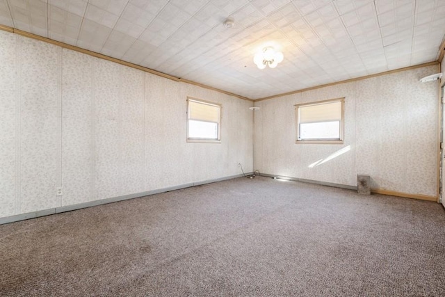 spare room with crown molding, a wealth of natural light, and carpet flooring