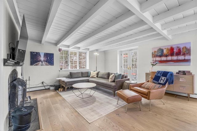 living area featuring a baseboard radiator, light wood-style flooring, beamed ceiling, and french doors