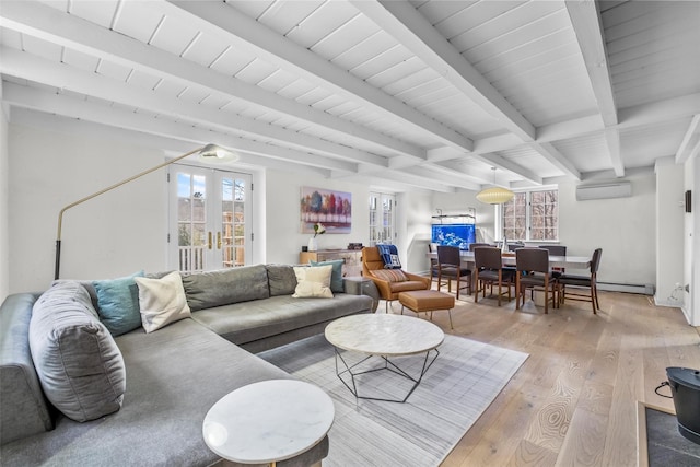 living room with wood ceiling, beamed ceiling, wood finished floors, french doors, and a wall mounted AC