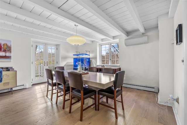 dining area with beam ceiling, french doors, baseboard heating, a wall mounted AC, and wood finished floors