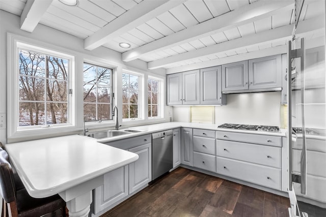 kitchen with light countertops, appliances with stainless steel finishes, a sink, and gray cabinetry