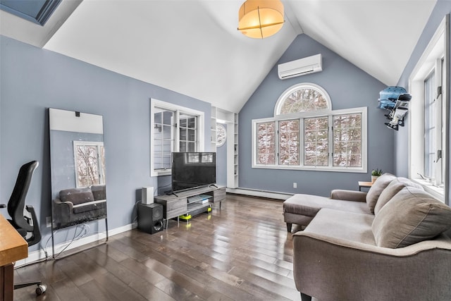 living room with lofted ceiling, baseboard heating, dark wood finished floors, and a wall mounted air conditioner