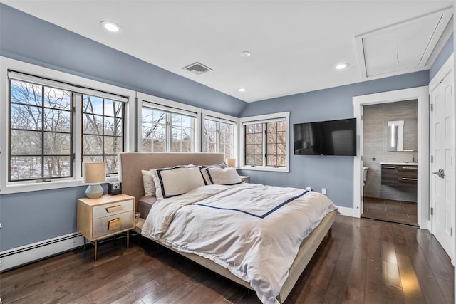 bedroom with attic access, visible vents, dark wood-type flooring, and recessed lighting