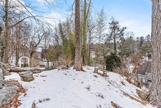 yard covered in snow with a garage