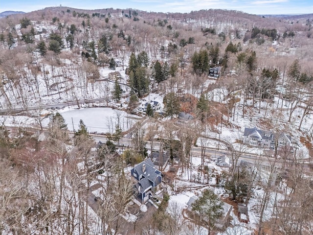 snowy aerial view featuring a mountain view