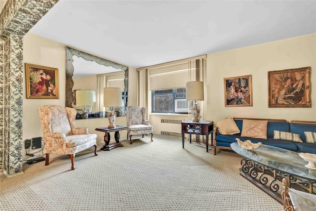 living room with radiator heating unit and carpet