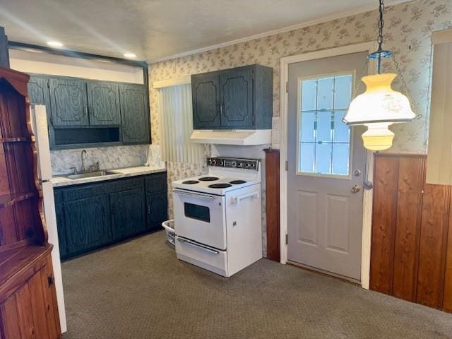 kitchen featuring carpet flooring, sink, hanging light fixtures, and white electric range oven