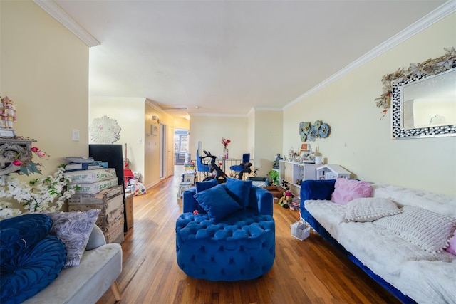 living room with crown molding and wood-type flooring