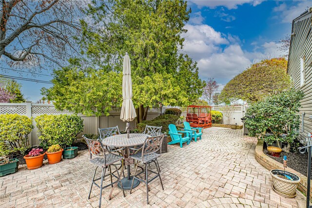 view of patio featuring a fenced backyard and outdoor dining space