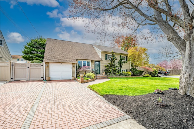 view of front of property with a front yard, a gate, a garage, decorative driveway, and a shingled roof