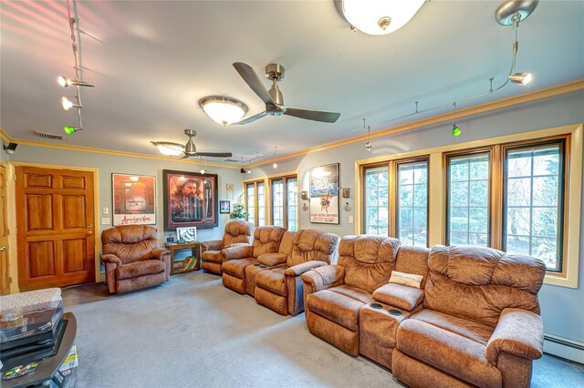 carpeted living area with visible vents, ornamental molding, ceiling fan, and a baseboard radiator