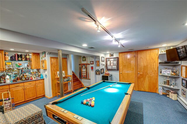 rec room featuring track lighting, carpet, pool table, and visible vents