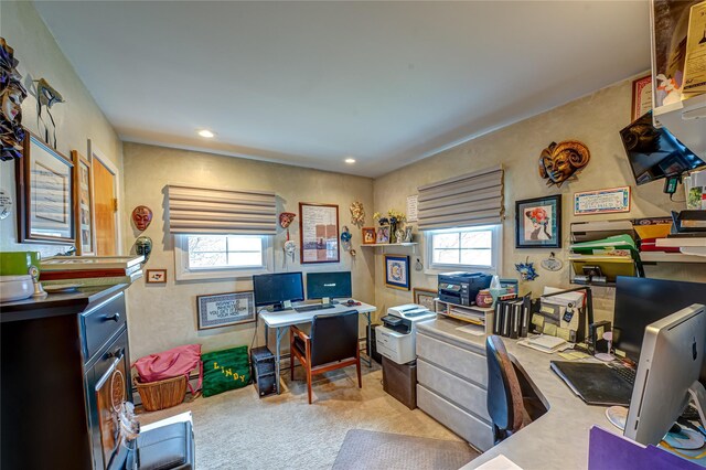 carpeted office space with recessed lighting and a wealth of natural light