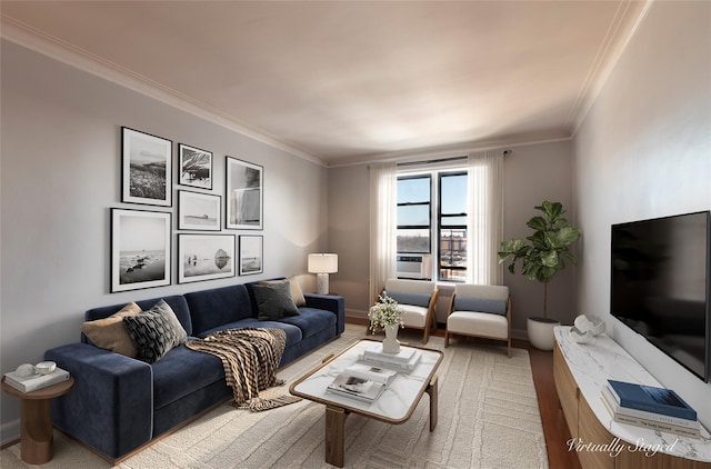 living room featuring crown molding