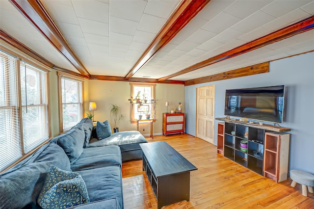 living area featuring light wood-type flooring and beam ceiling