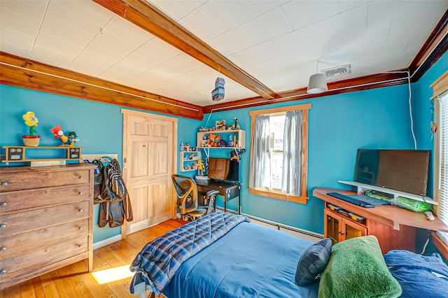 bedroom featuring beam ceiling, visible vents, and hardwood / wood-style flooring