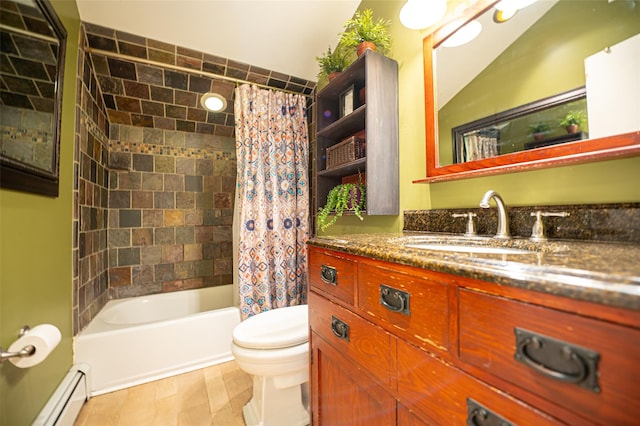 bathroom with a baseboard radiator, toilet, shower / bath combo, vanity, and wood finished floors