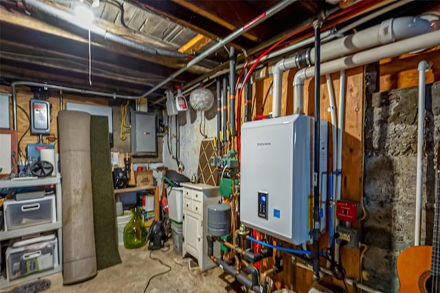 utilities featuring electric panel and tankless water heater