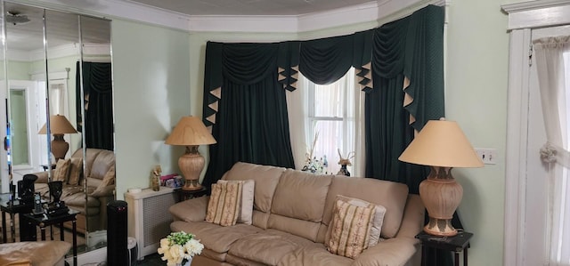 living room with crown molding and radiator heating unit