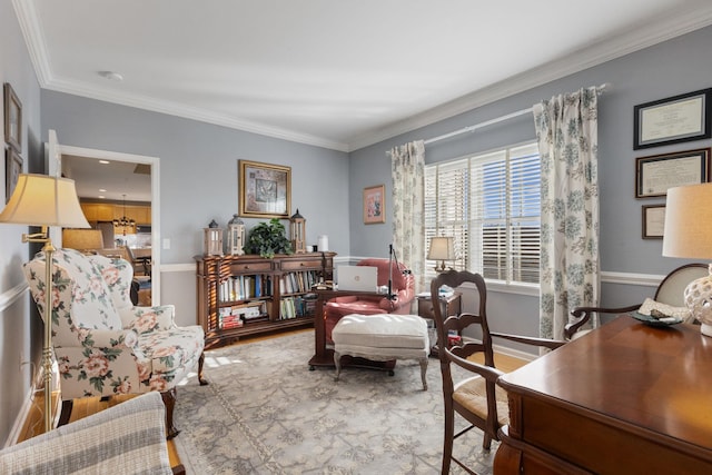 living area featuring ornamental molding