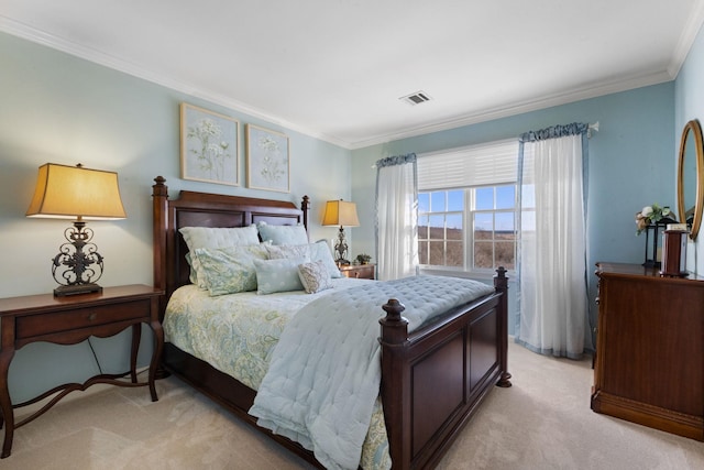 carpeted bedroom featuring ornamental molding