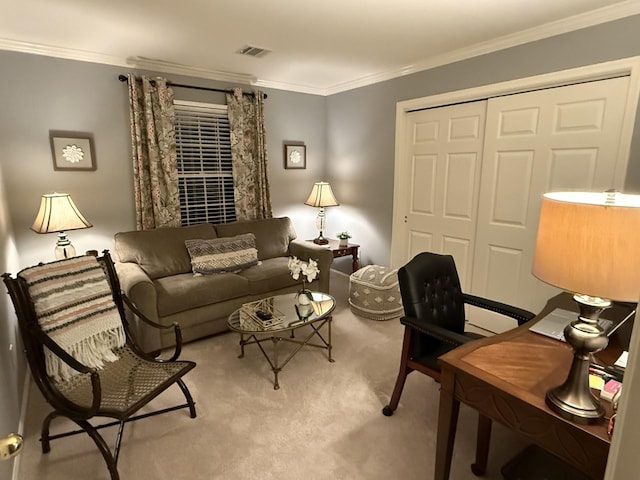 interior space with crown molding and light carpet