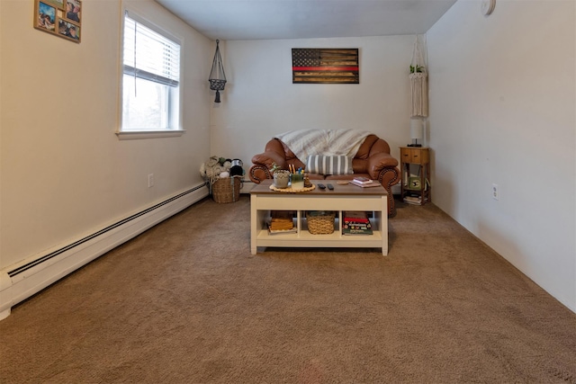 living area with baseboard heating and carpet flooring